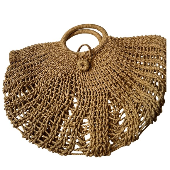 Woven Straw Bag Round Handle Beige Fashion Purse Designer Summer Beach Tote - Picture 1 of 10